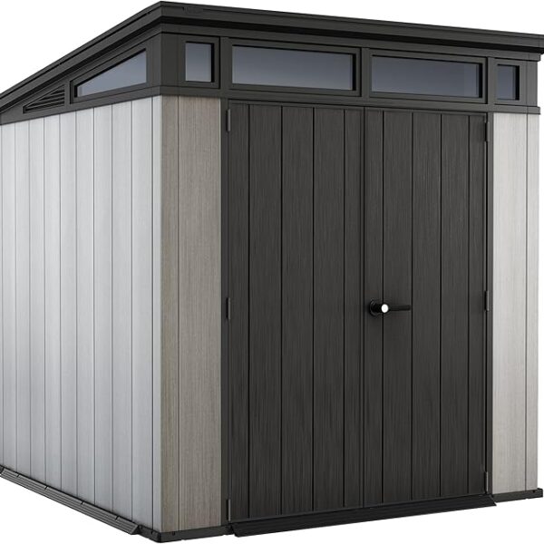 Keter Artisan 7 x 7 Foot Large Modern Design Outdoor Shed with Floor for Outdoor Furniture, Lawn Equipment, Bikes, and Gardening Tools, Gray