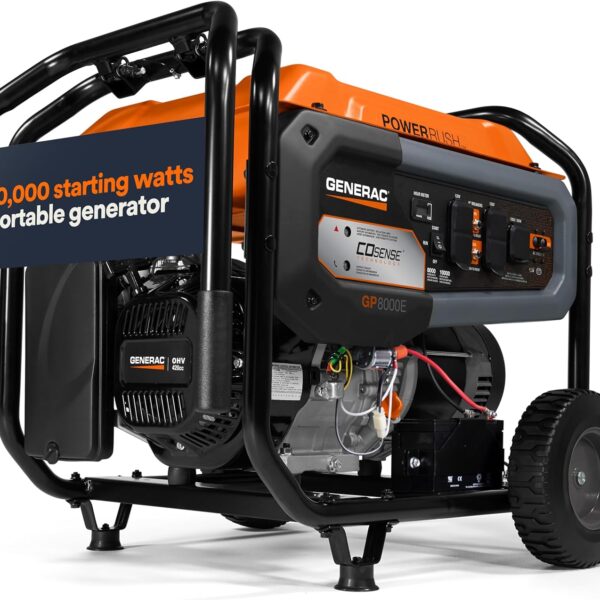 Generac 10,000 Starting Watt Portable Gas Generator - Electric Start - Home Backup or RV Ready - Heavy Duty Frame - Quiet, Long Runtime, Emergency Power - 49-State Compliant