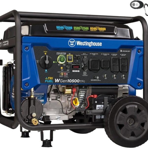 Westinghouse 13500 Peak Watt Tri-Fuel Home Backup Portable Generator, Remote Electric Start, Transfer Switch Ready, Gas, Propane, and Natural Gas Powered
