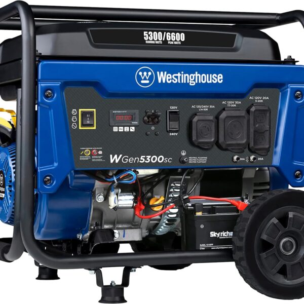 Westinghouse 6500 Watt Dual Fuel Home Backup Portable Generator, Transfer Switch Ready 30A Outlet, RV Ready 30A Outlet, CO Sensor